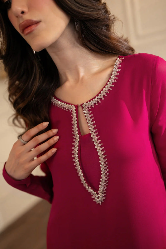 Red Chiffon Embellished 3-Piece Shirt Set
