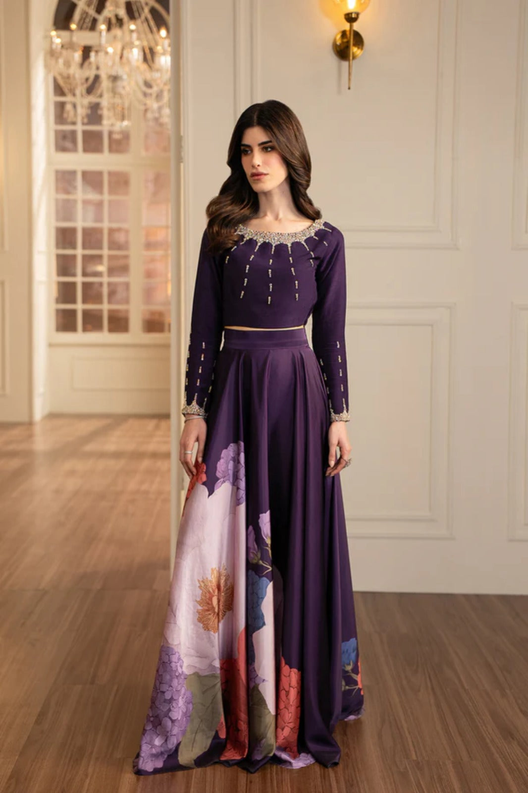 Purple Silk Crop Top and Skirt 2-Piece Set