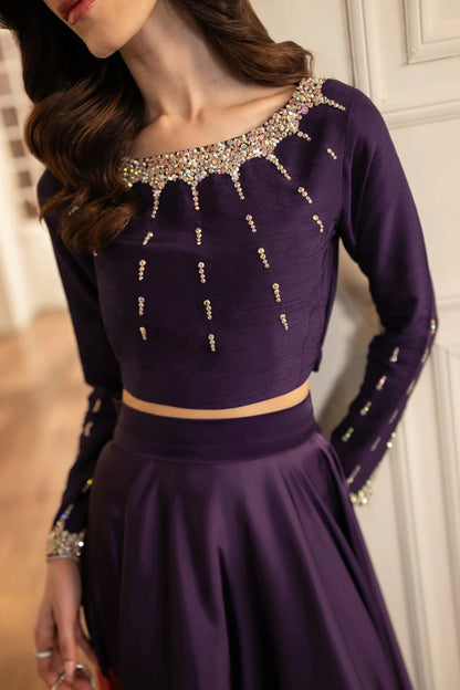 Purple Silk Crop Top and Skirt 2-Piece Set