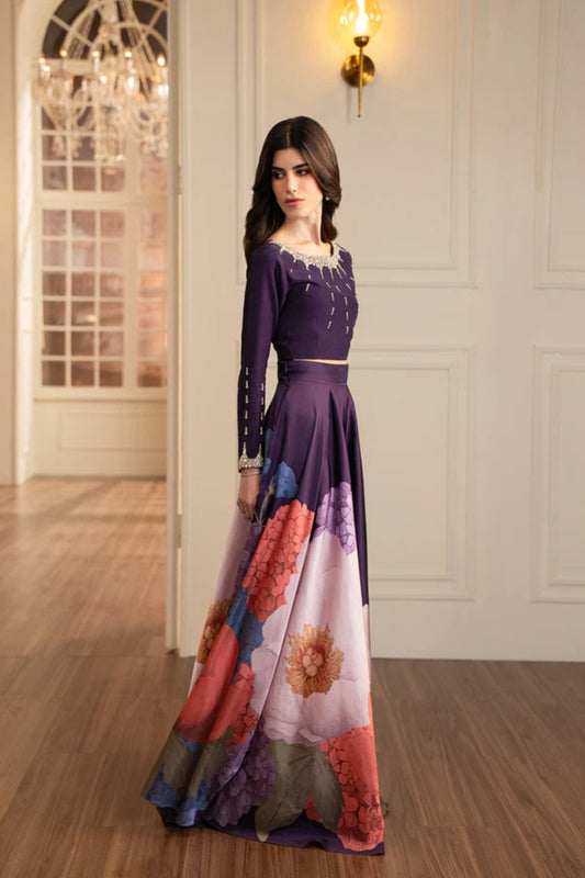Purple Silk Crop Top and Skirt 2-Piece Set