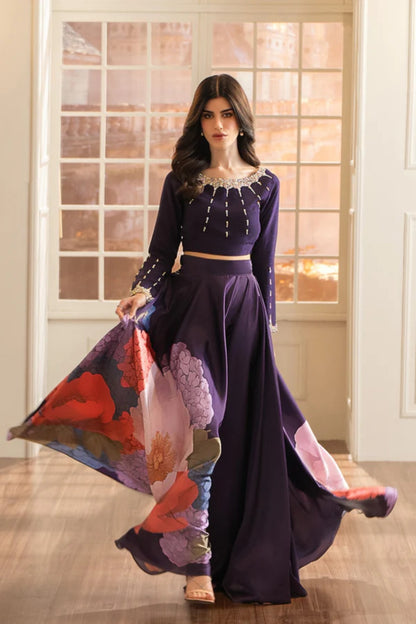 Purple Silk Crop Top and Skirt 2-Piece Set