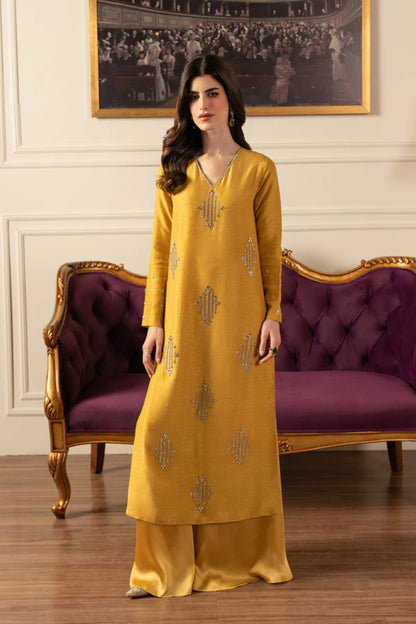Yellow Silk Embellished 3-Piece Set