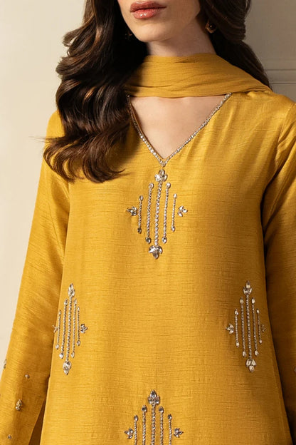 Yellow Silk Embellished 3-Piece Set
