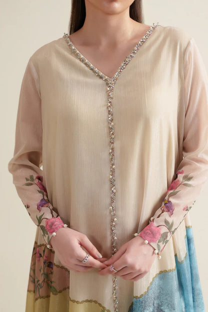 Beige Zari Chiffon Flared 2-Piece Dress Set