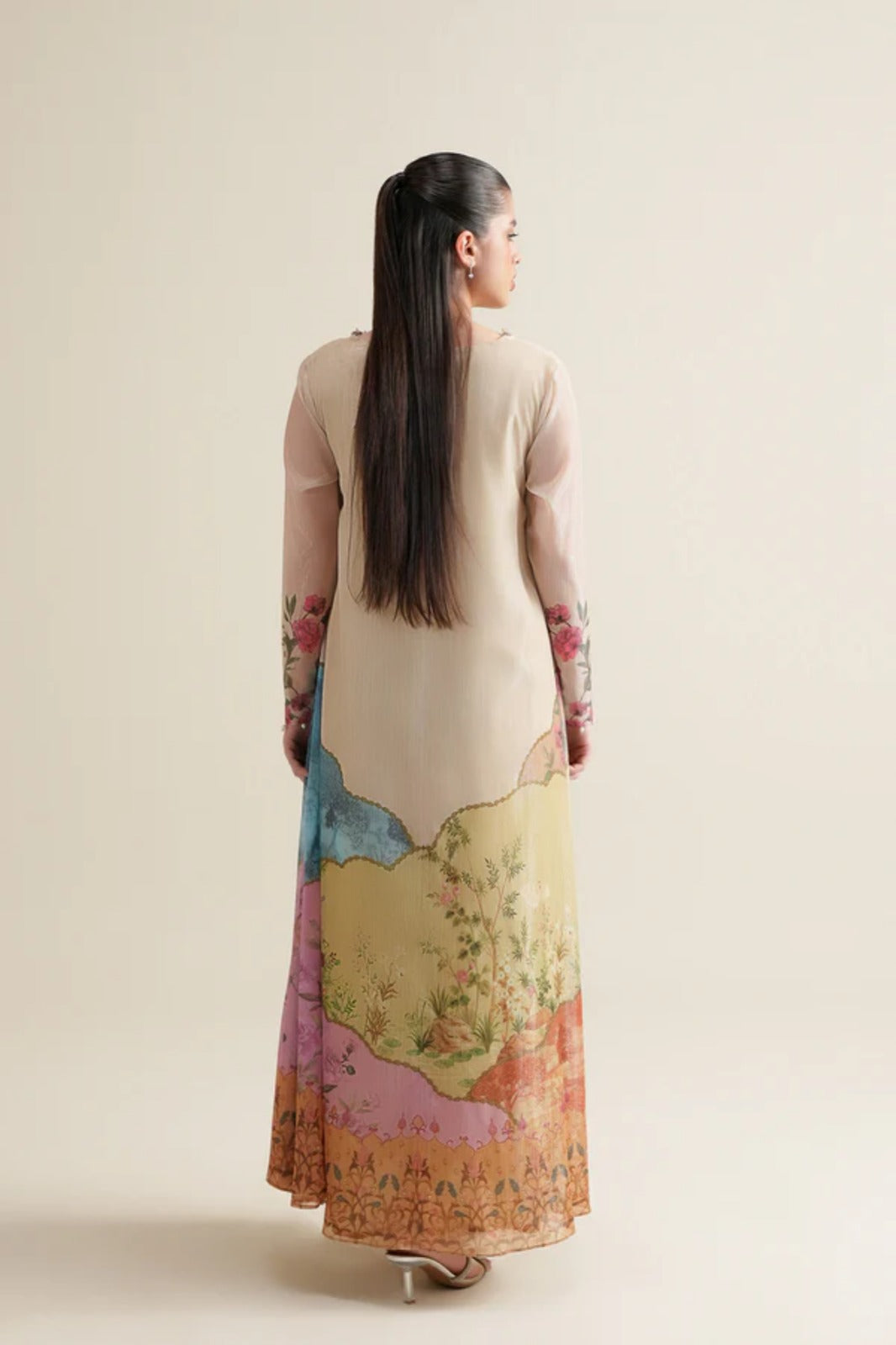 Beige Zari Chiffon Flared 2-Piece Dress Set