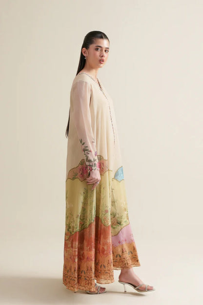 Beige Zari Chiffon Flared 2-Piece Dress Set