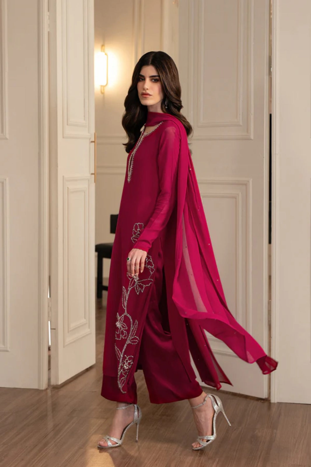 Red Chiffon Embellished 3-Piece Shirt Set