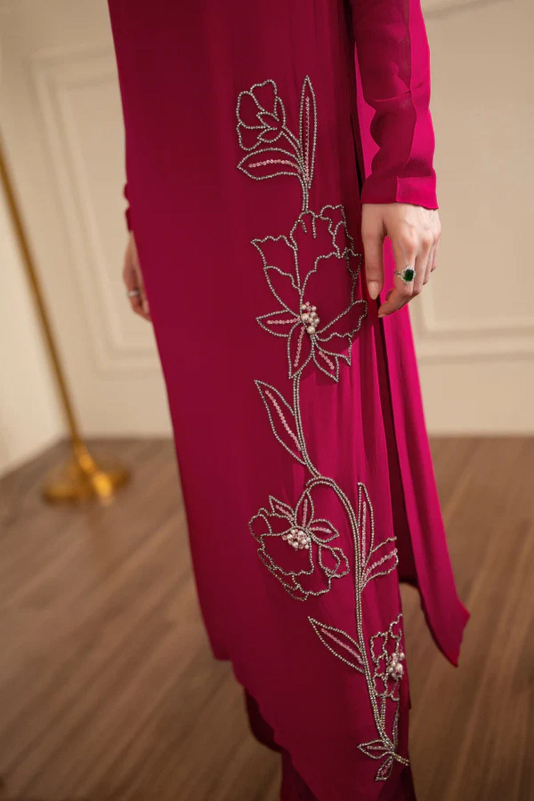 Red Chiffon Embellished 3-Piece Shirt Set