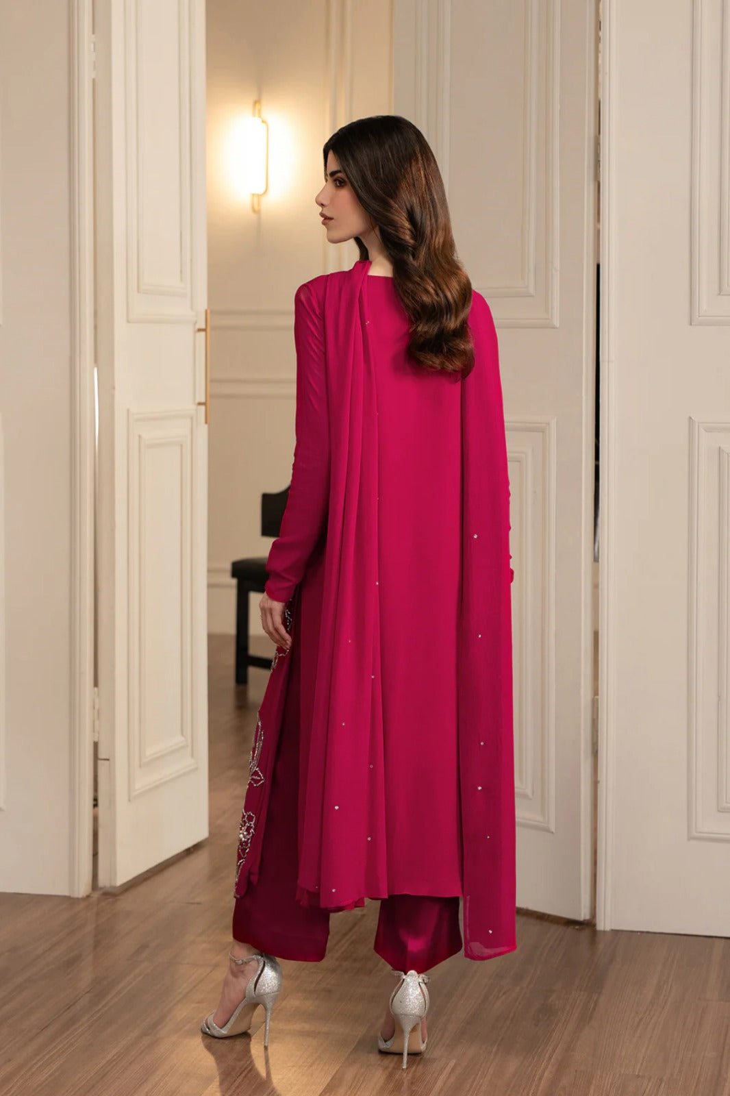 Red Chiffon Embellished 3-Piece Shirt Set