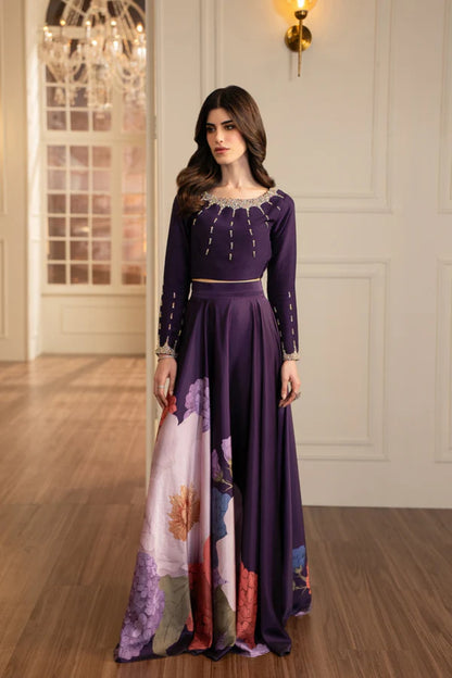 Purple Silk Crop Top and Skirt 2-Piece Set