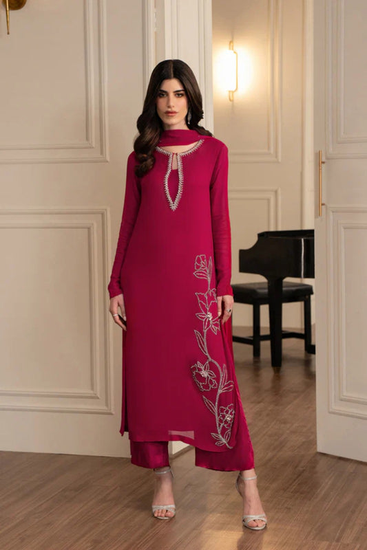 Red Chiffon Embellished 3-Piece Shirt Set
