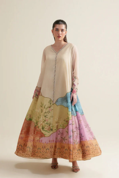 Beige Zari Chiffon Flared 2-Piece Dress Set