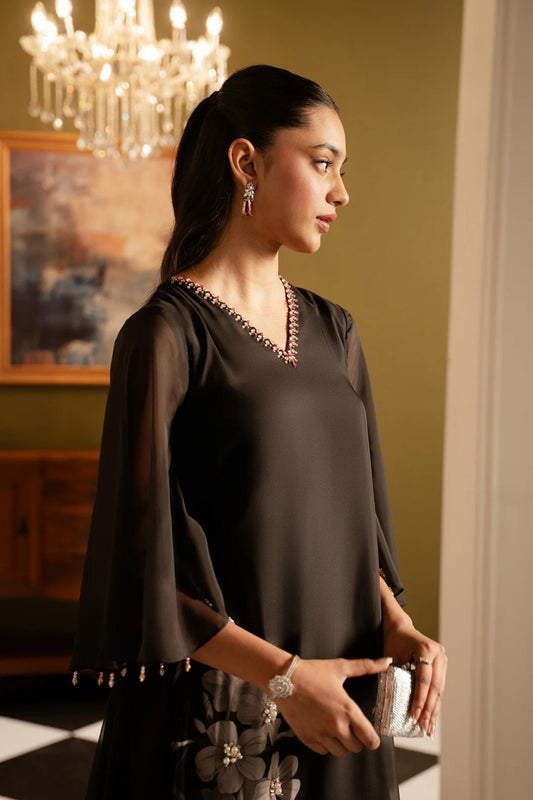 Black Silk Flared 2-Piece Dress Set