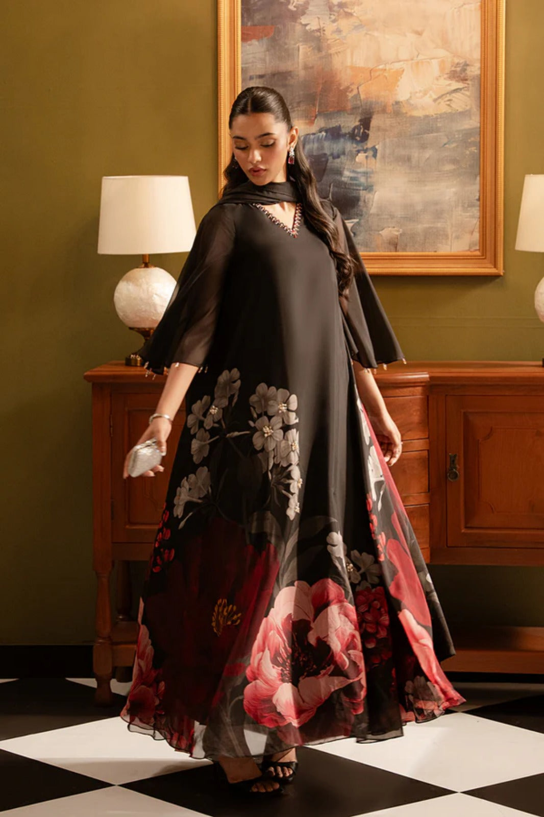 Black Silk Flared 2-Piece Dress Set