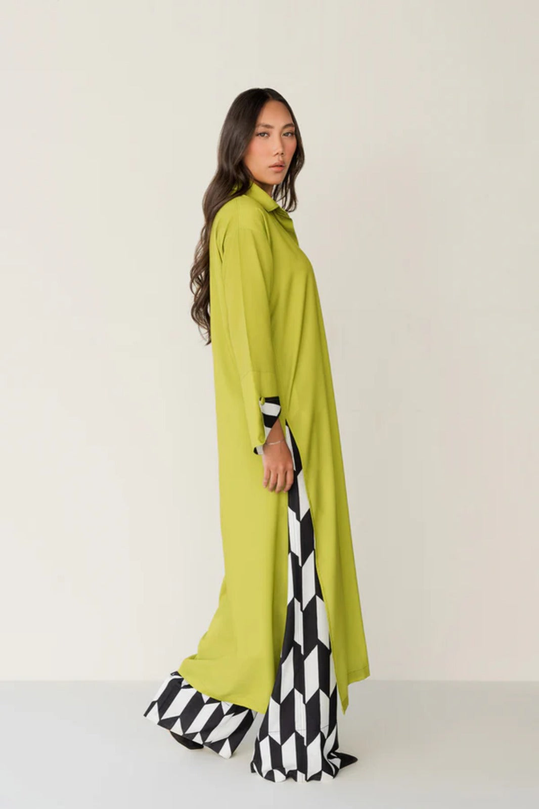 Yellow Crepe Button Down 2-Piece Shirt Set