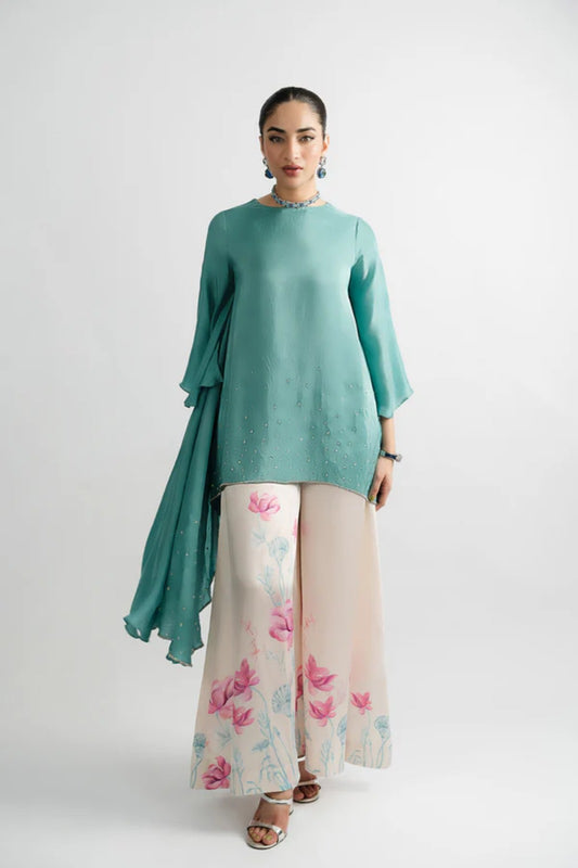 Greenish Silk Asymmetrical 2-Piece Shirt Set