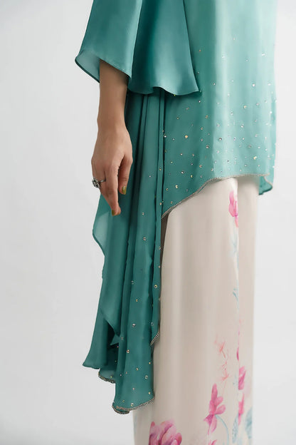 Greenish Silk Asymmetrical 2-Piece Shirt Set
