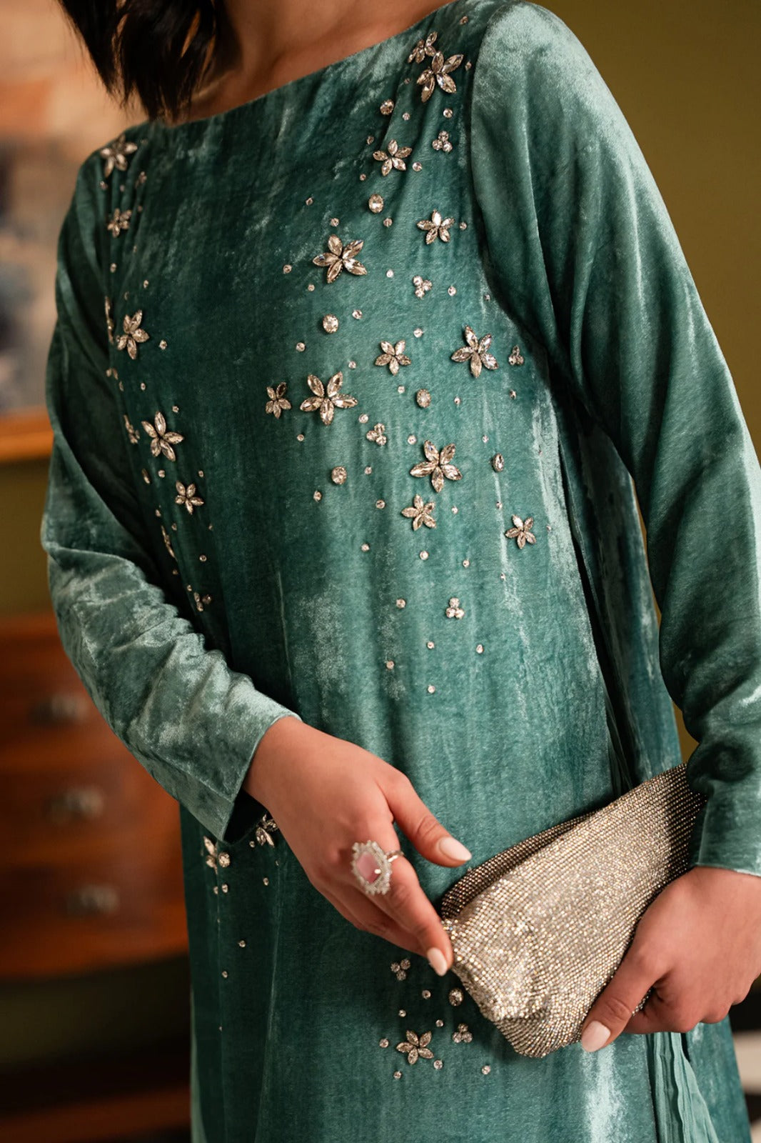 Green Velvet Shirt 2-piece Set
