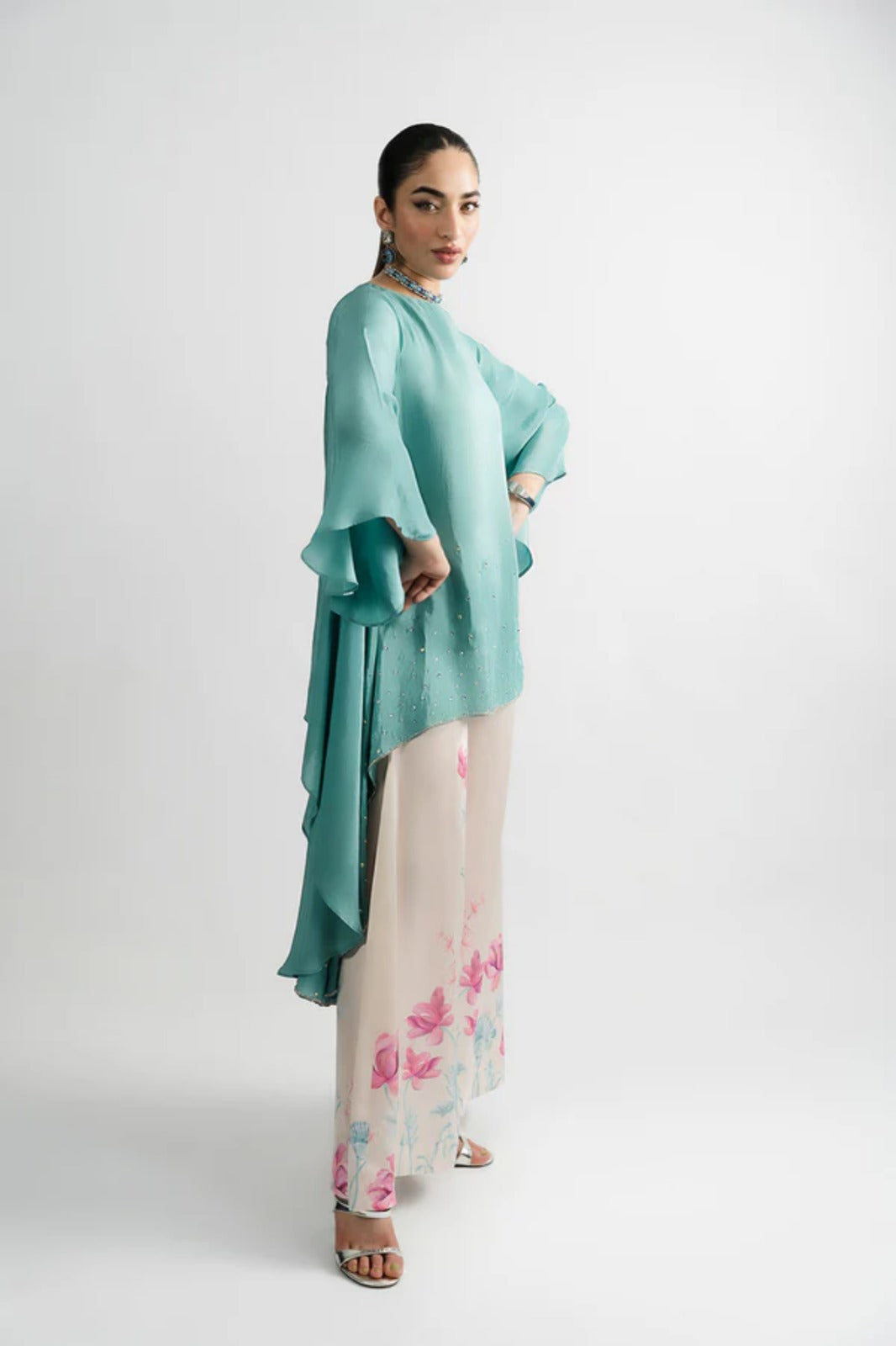 Greenish Silk Asymmetrical 2-Piece Shirt Set