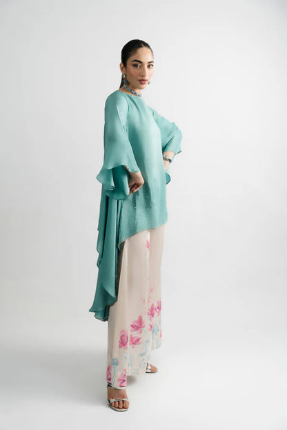 Greenish Silk Asymmetrical 2-Piece Shirt Set