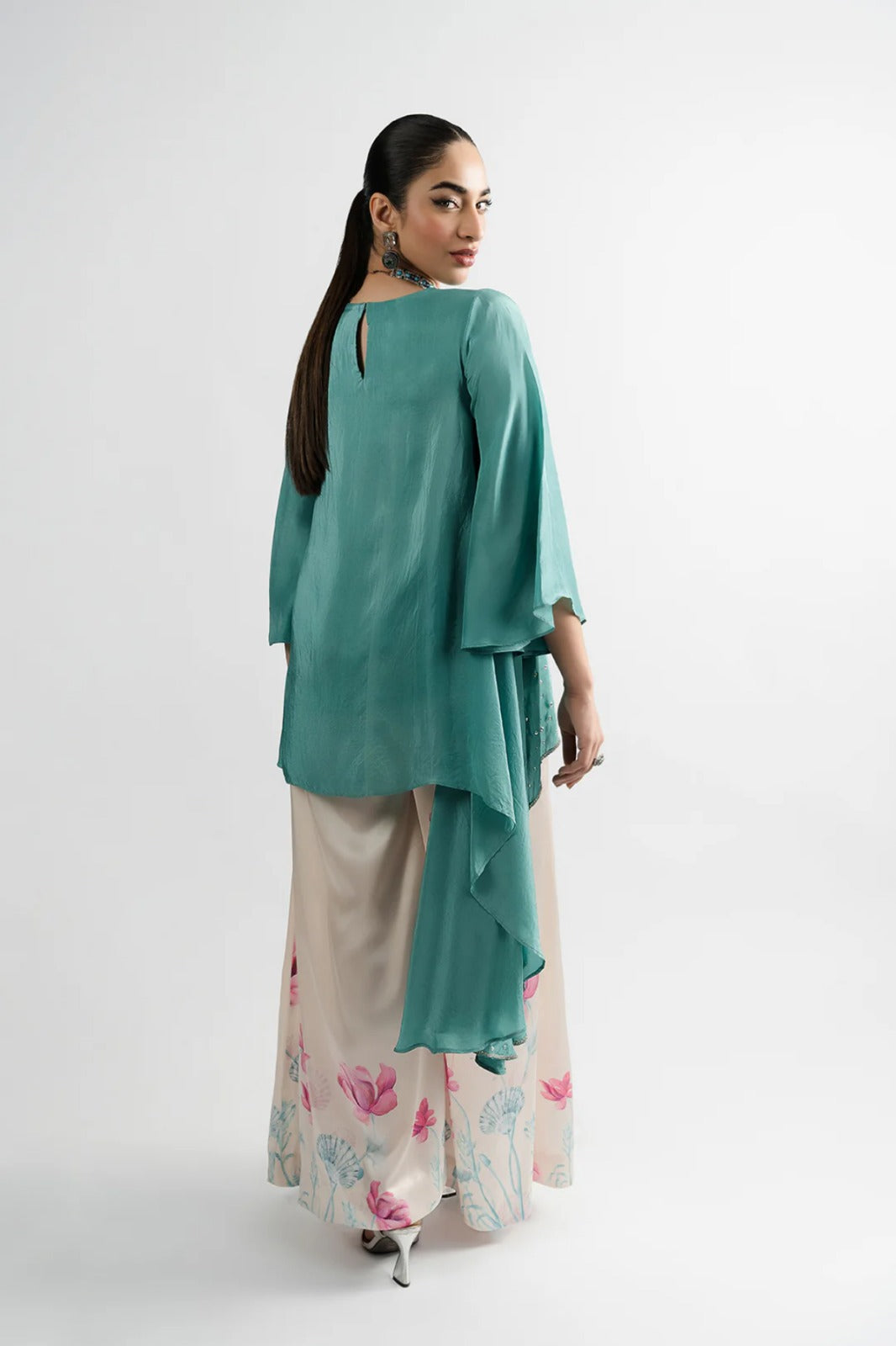 Greenish Silk Asymmetrical 2-Piece Shirt Set